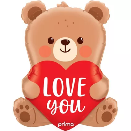 Bear shaped balloon holding a heart with 'LOVE YOU' text