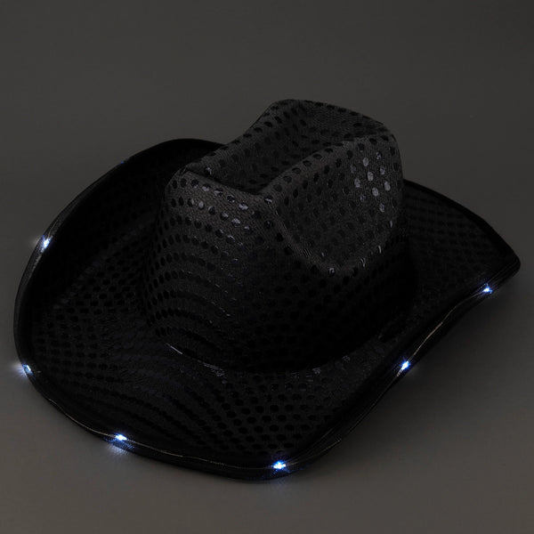 LED Light Up Flashing Black Sequin Cowboy Hat