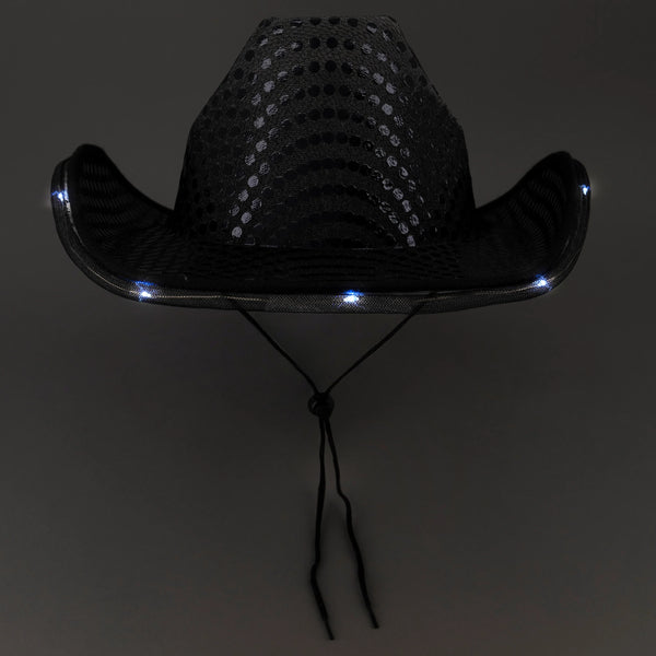 LED Light Up Flashing Black Sequin Cowboy Hat