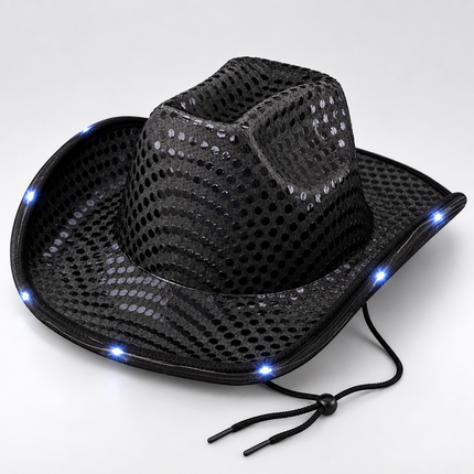 LED Light Up Flashing Sequin Black Cowboy Hat - Pack of 36 Hats
