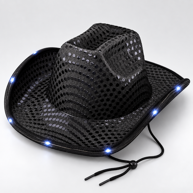 LED Light Up Flashing Sequin Black Cowboy Hat - Pack of 36 Hats