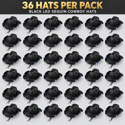 LED Light Up Flashing Sequin Black Cowboy Hat - Pack of 36 Hats