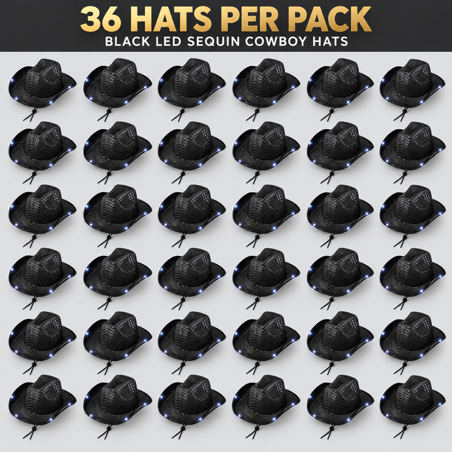 LED Light Up Flashing Sequin Black Cowboy Hat - Pack of 36 Hats