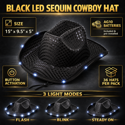 LED Light Up Flashing Sequin Black Cowboy Hat - Pack of 36 Hats