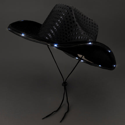LED Light Up Flashing Sequin Black Cowboy Hat - Pack of 12 Hats