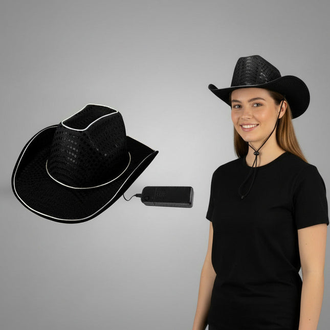 LED Flashing EL Wire Glow Black Sequin Cowboy Hat | PartyGlowz