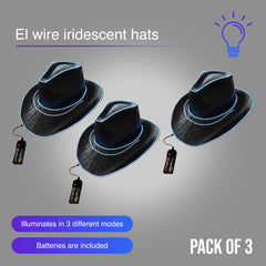 EL WIRE Light Up Iridescent Space Black Cowboy Hat - Pack of 3 Hats