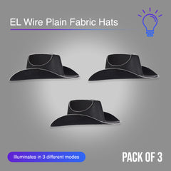 Black EL Wire Light Up Plain Fabric Cowboy Hat - Pack of 3 Hats
