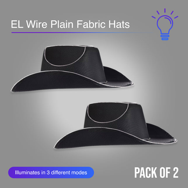 Two Black EL Wire Light Up Glow Plain Cowboy Hats | PartyGlowz