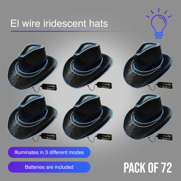 EL WIRE Light Up Iridescent Space Black Cowboy Hat - Pack of 72 Hats