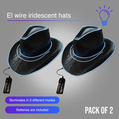 Black EL WIRE Light Up Iridescent Space Cowboy Hat - Pack of 2 Hats