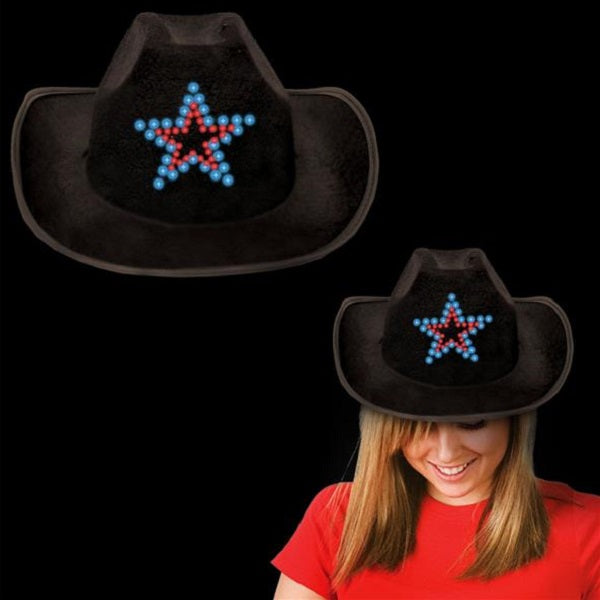 Black Cowboy Hat With LED Light Up Flashing Star