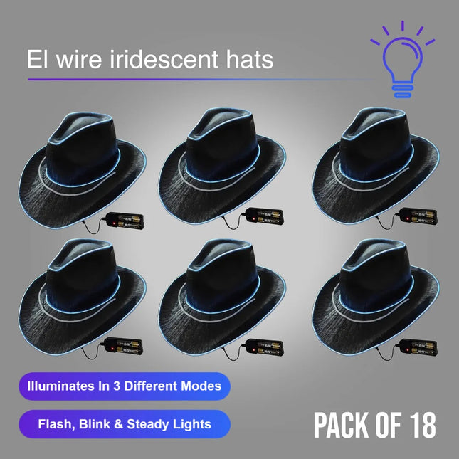 Black EL WIRE Light Up Iridescent Space Cowboy Hat - Pack of 18 Hats