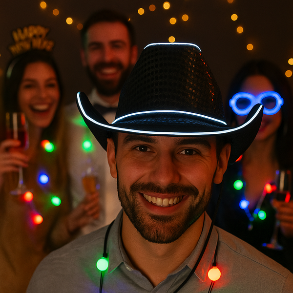 Black LED Flashing EL Wire Glow Sequin Cowboy Party Hat