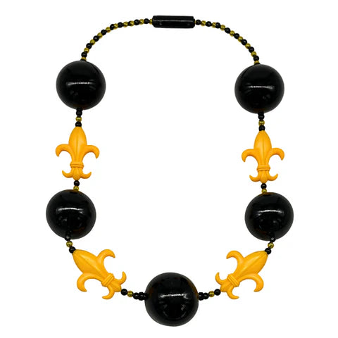 Black & Gold LED Fleur de Lis Bead Necklace - 3 Light Up Flashing Modes
