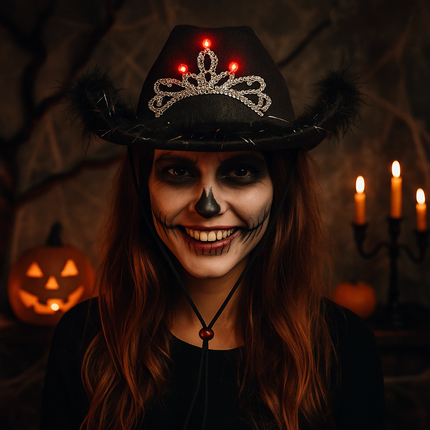 LED Light Up Black Feather Cowboy Hat With Tiara
