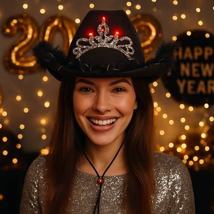 LED Light Up Black Feather Cowboy Hat With Tiara