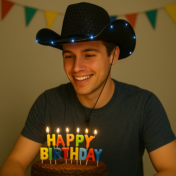Black light up cowboy hat for birthday party