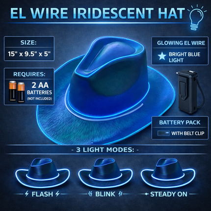 EL WIRE Light Up Iridescent Space Blue Cowboy Hat