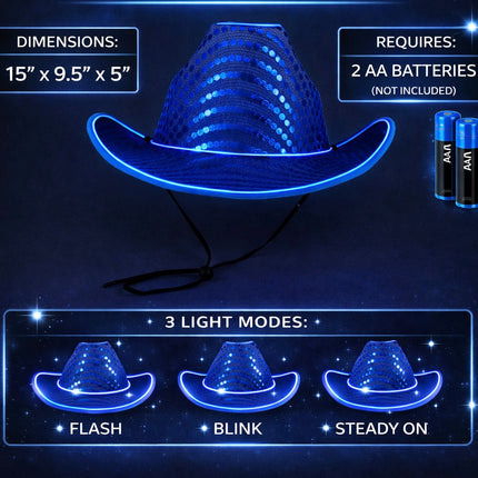 Blue LED Flashing EL Wire Glow Sequin Cowboy Party Hat