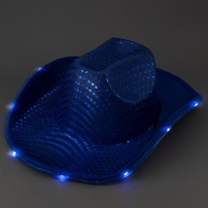 LED Light Up Flashing Sequin Blue Cowboy Hat - Pack of 18 Hats