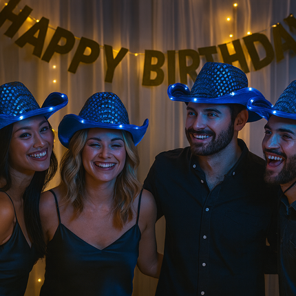 Blue LED light up cowboy hat for birthday party