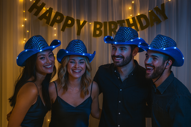 Blue LED light up cowboy hat for birthday party