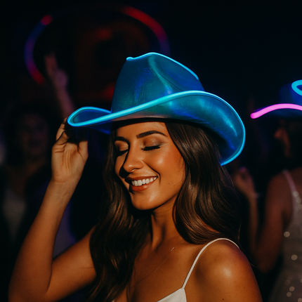 Blue iridescent cowboy hat during wedding celebration