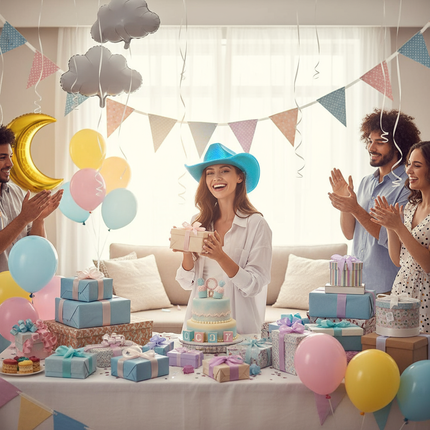Blue iridescent cowboy hat for baby shower