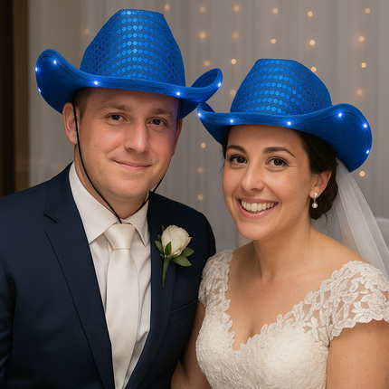 Blue light up cowboy hat for wedding