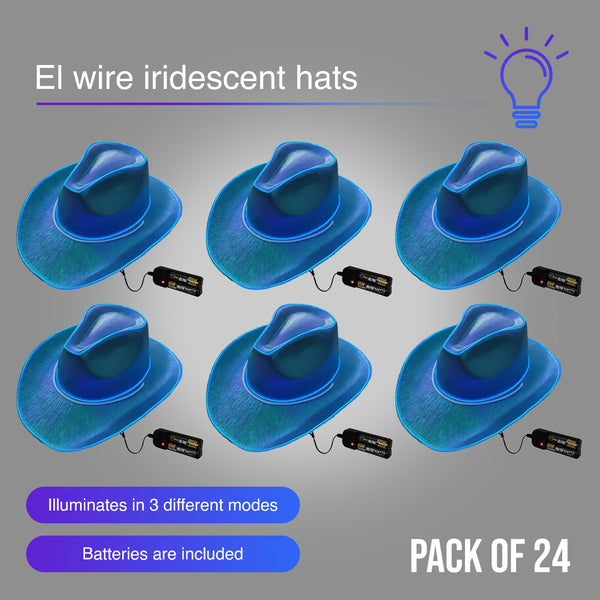 EL WIRE Light Up Blue Iridescent Space Cowboy Hat - Pack of 24 Hats