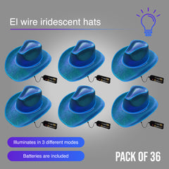 EL WIRE Light Up Iridescent Space Blue Cowboy Hat - Pack of 36 Hats