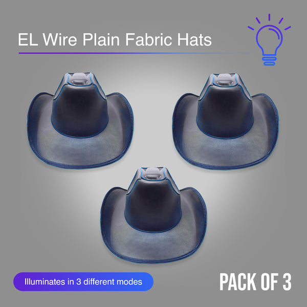 Blue EL Wire Light Up Plain Fabric Cowboy Hat - Pack of 3 Hats