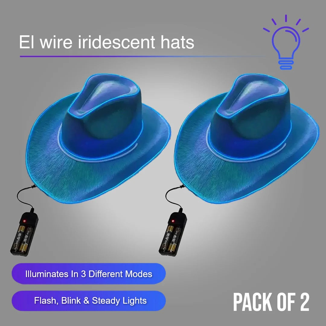 Blue EL WIRE Light Up Iridescent Space Cowboy Hat - Pack of 2 Hats