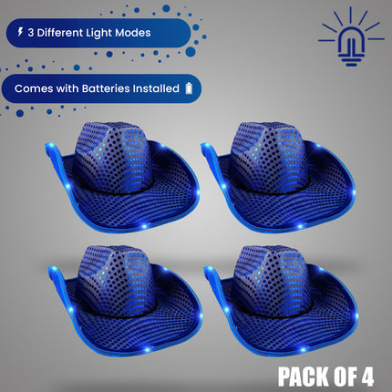 LED Light Up Flashing Sequin Blue Cowboy Hat - Pack of 4 Hats