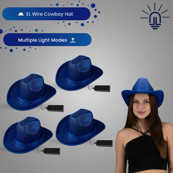 LED Flashing EL Wire Blue Sequin Cowboy Party Hat - Pack of 4 Hats