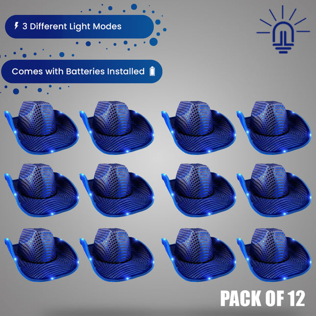 Blue LED Light Up Flashing Sequin Cowboy Hat - Pack of 12 Hats