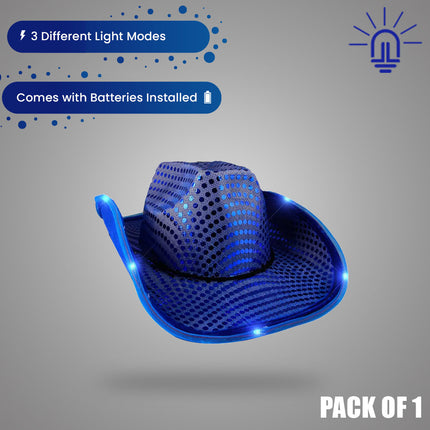 LED Light Up Flashing Blue Sequined Cowboy Hat