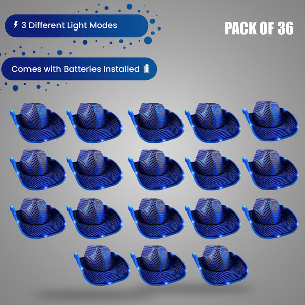 LED Light Up Flashing Sequin  Blue Cowboy Hats - Pack of 36 Hats