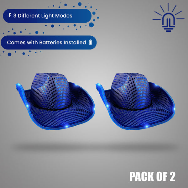 LED Flashing Blue Cowboy Hat With Sequins - Pack of 2