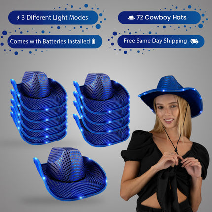 LED Light Up Flashing Sequin Blue Cowboy Hat - Pack of 72 Hats