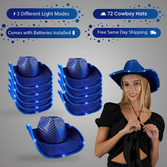 LED Light Up Flashing Sequin Blue Cowboy Hat - Pack of 72 Hats