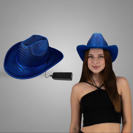 Blue LED Flashing EL Wire Glow Sequin Cowboy Hat | PartyGlowz