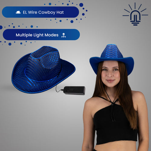 Blue LED Flashing EL Wire Glow Sequin Cowboy Party Hat