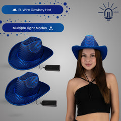 LED Flashing Blue EL Wire Sequin Cowboy Party Hat - Pack of 2 Hats