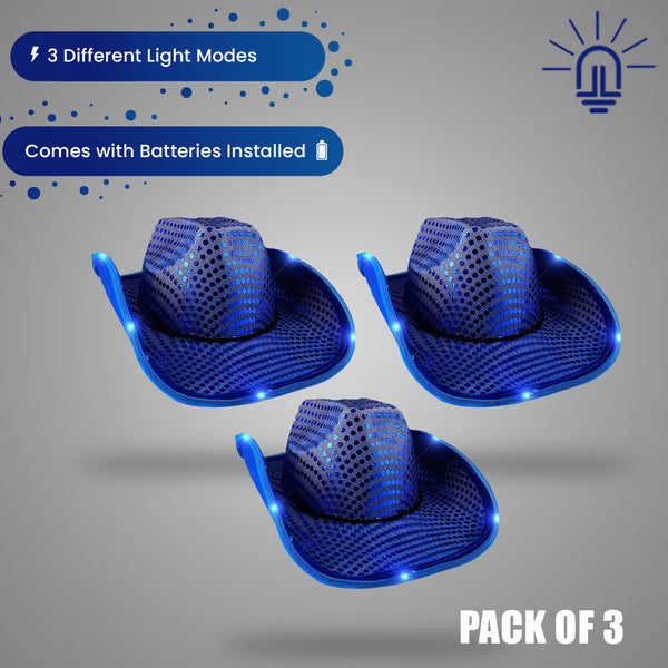 LED Light Up Flashing Sequin Blue Cowboy Hat - Pack of 3 Hats