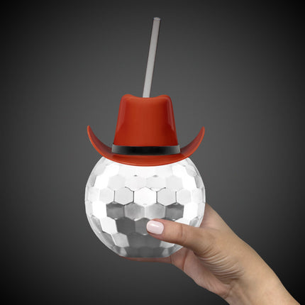 Brown Cowboy Hat Silver Disco Ball Cup with Straw
