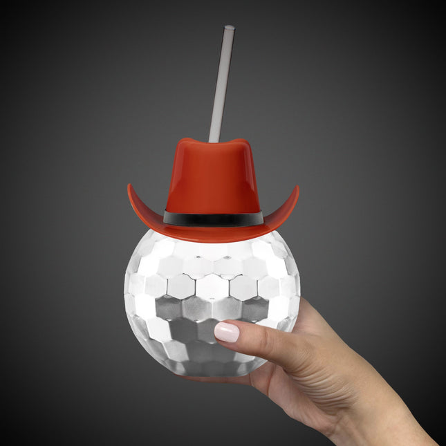 Brown Cowboy Hat Silver Disco Ball Cup with Straw
