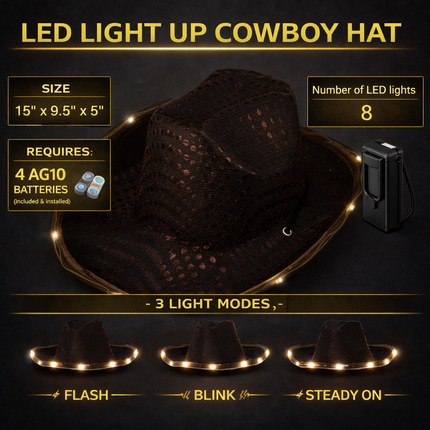 LED Light Up Flashing Brown Cowboy Hat With Sequins