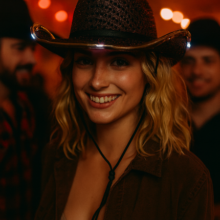 LED Light Up Flashing Brown Cowboy Hat With Sequins